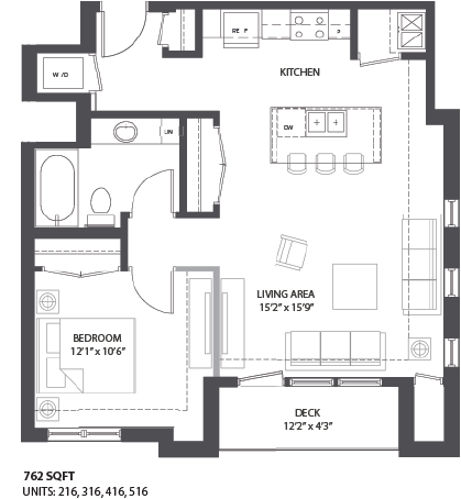 Floor plan for 1 bed, 1 bath, 762 sqft
